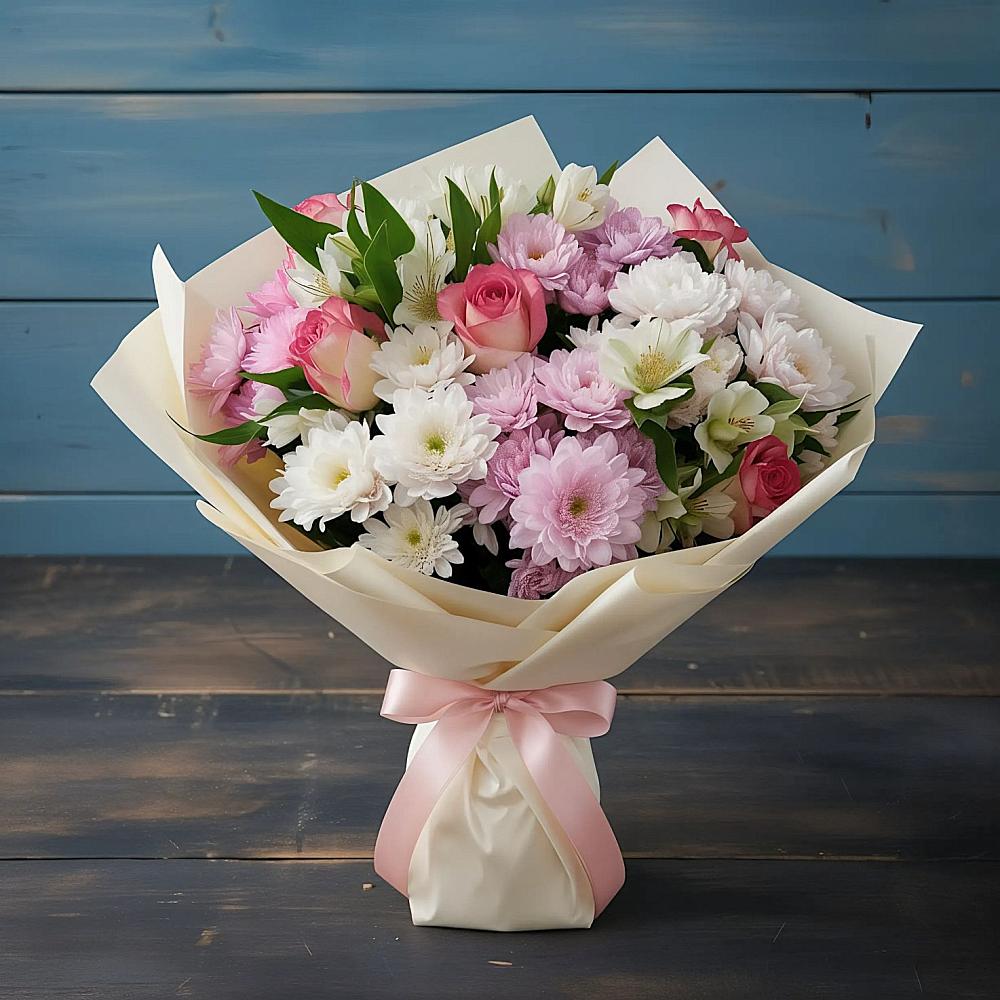 Букет цветов из: Хризантемы, Альстромерии и Розы в Прохоровке